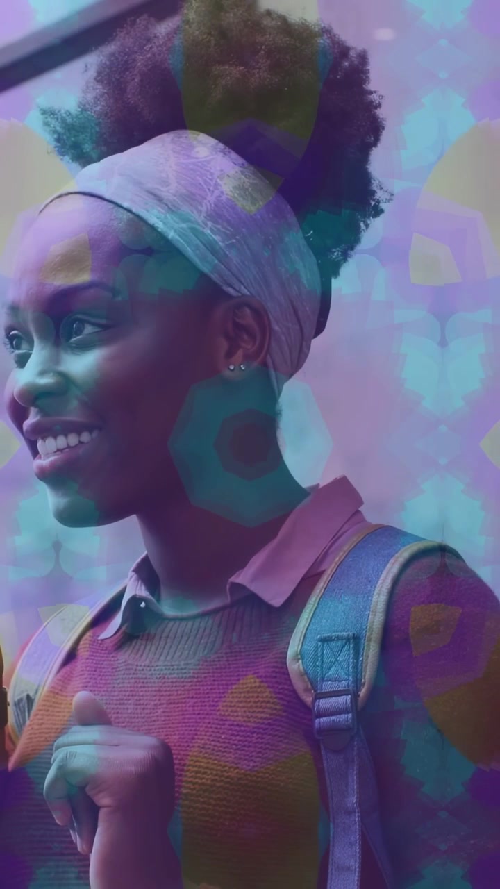 Vertical video: Student answering offscreen question in school hall, purple overlay moving over her