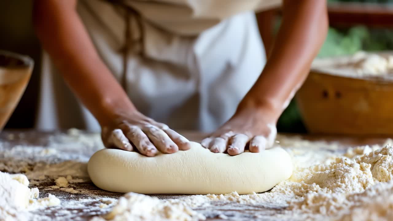 Baker kneading dough on floured wooden table, preparing fresh bread or pizza in traditional bakery, close up of hands working with flour and dough