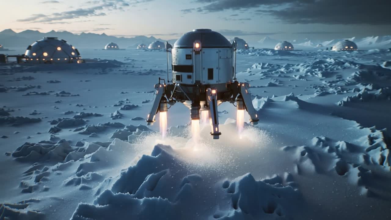 Triebwerke zünden, ein Lander sinkt auf eine gefrorene Ebene, Landebeine wirbeln Schnee nahe beleuchteter Kuppeln auf.
