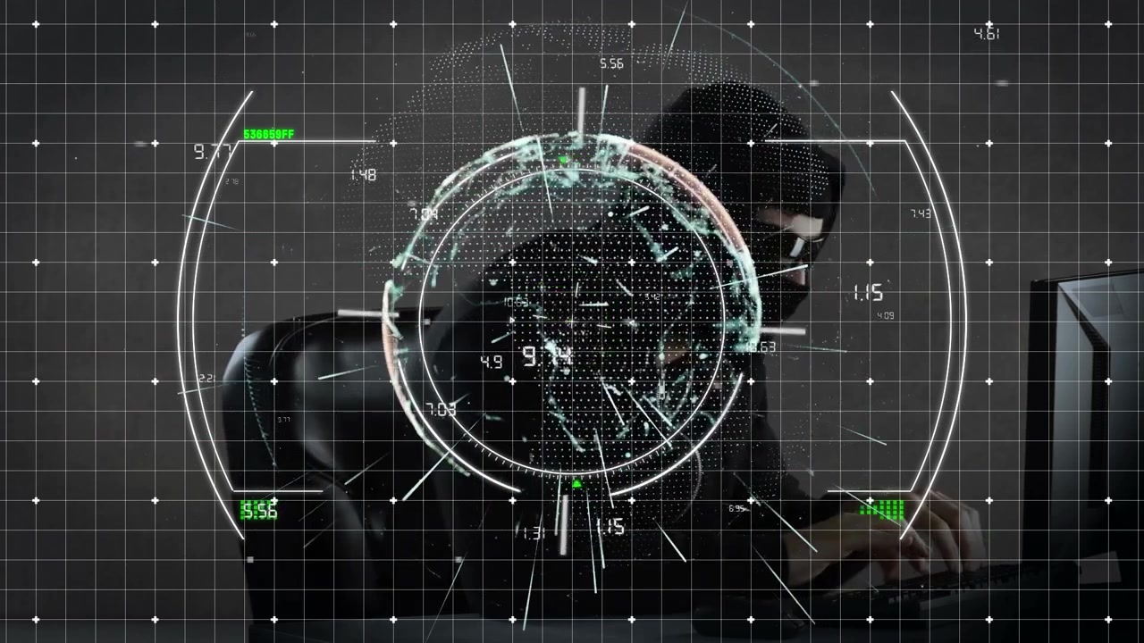 Animation of viewfinder and globe over caucasian male hacker