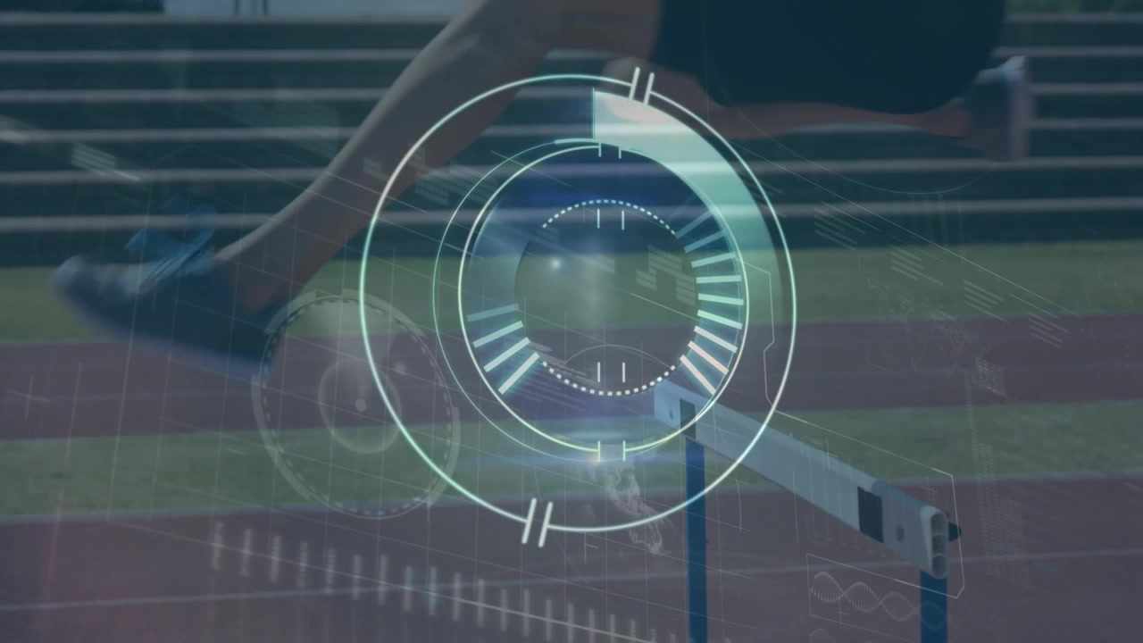 Animation of processing circle over legs of caucasian man running at stadium