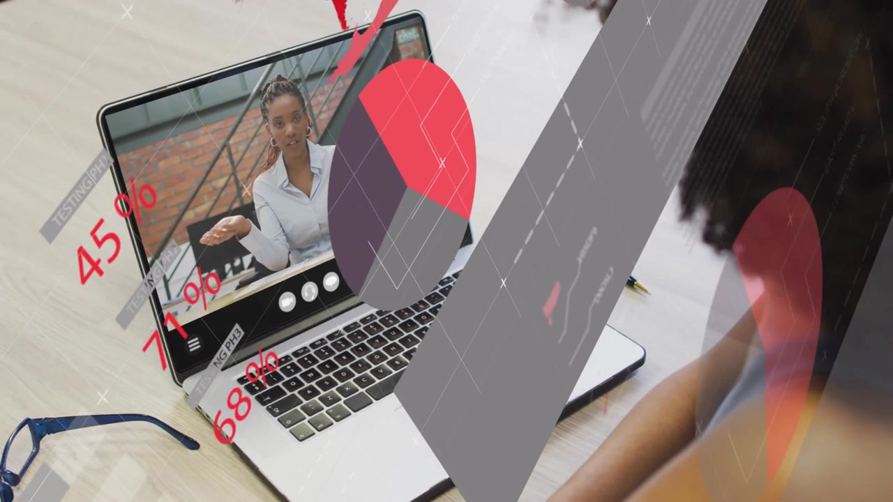 Watching woman in tank top at desk, viewing laptop presenter in white blouse with red% charts