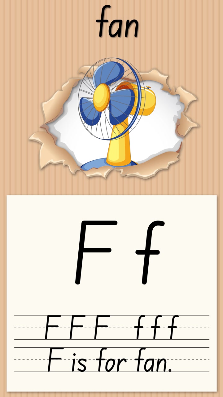 Animated educational video teaches letter F using a fan illustration and handwriting practice on paper