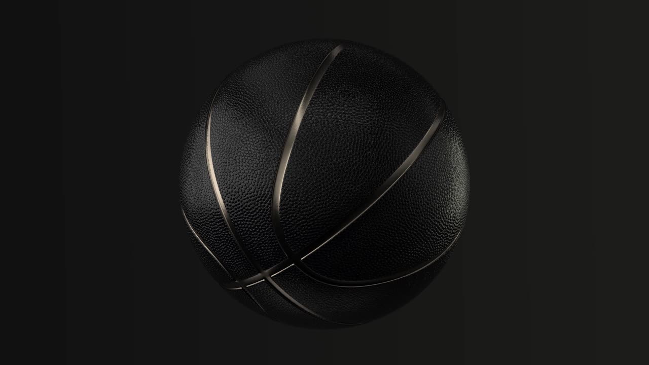 Black Basketball with Gold Metallic Line Design on dark Background. Futuristic sports concept. Close-up isolated sphere ball with dots. View front. 3D rendering animation in 4K