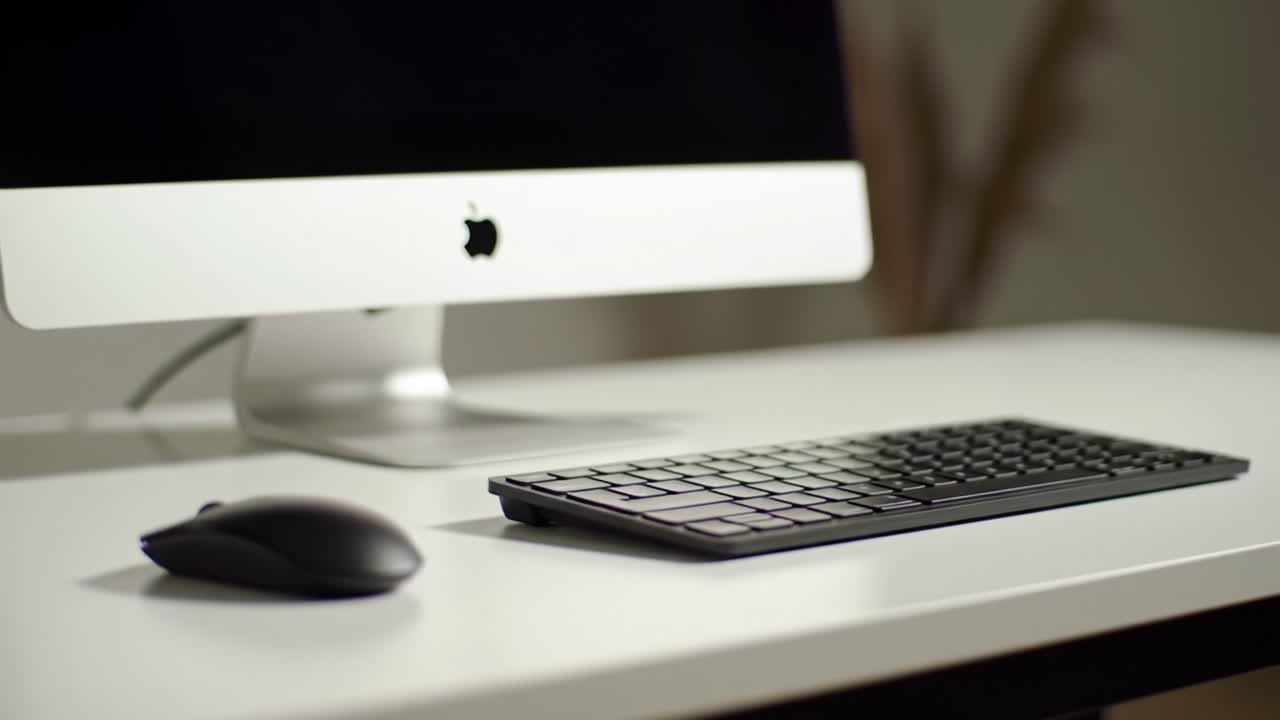 Modern Workspace Featuring a Sleek Desktop Computer, Wireless Keyboard, and Mouse on a Minimalist Desk with a Soft Focus Background