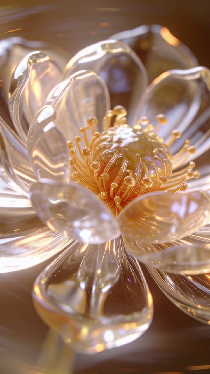 Video verticale: Telecamera che si allontana mostrando petali su un fiore di vetro su un tavolo, stame dorato, bokeh caldo.