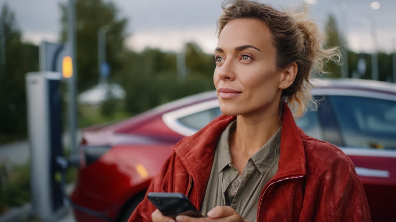 Una donna con una giacca rossa sta in piedi all'aperto, con uno sguardo pensieroso mentre tiene in mano uno smartphone, con un'auto visibile sullo sfondo e una luce naturale soffusa.