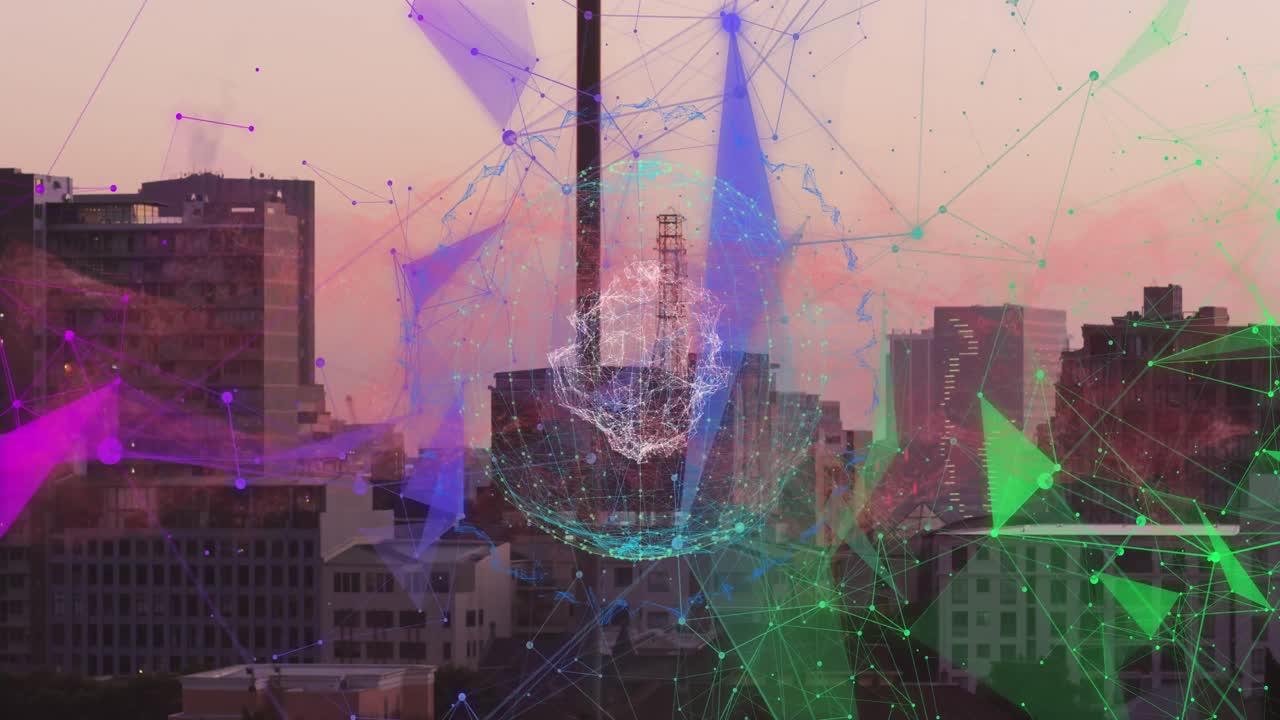 animación del procesamiento de datos y globo sobre el paisaje urbano