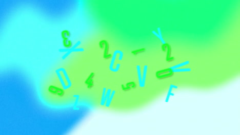 animación de letras y números sobre fondo verde y azul