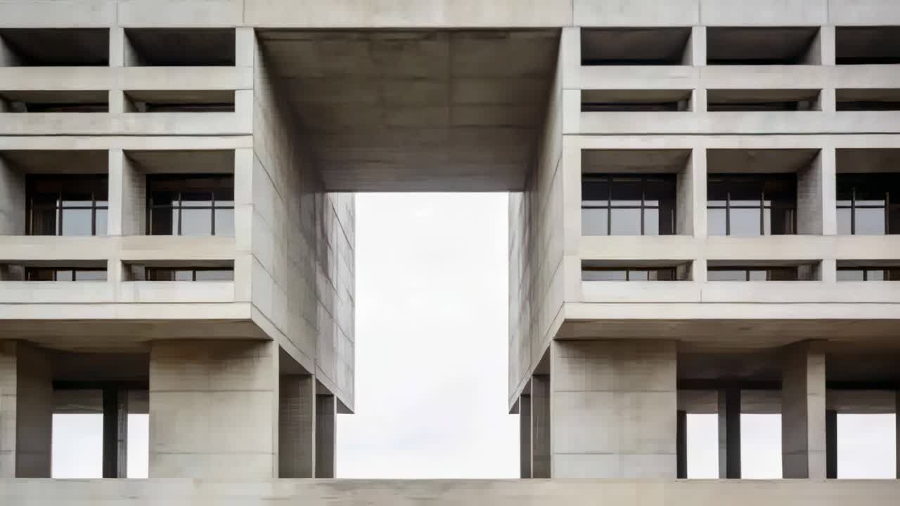 Telecamera discendente che rivela una facciata in cemento per evidenziare il vuoto centrale e la griglia di finestre all'esterno.