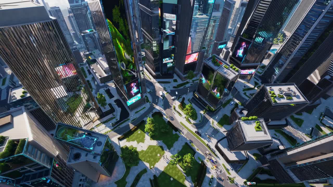 Futuristic cityscape from a high-angle view, showcasing skyscrapers with digital screens