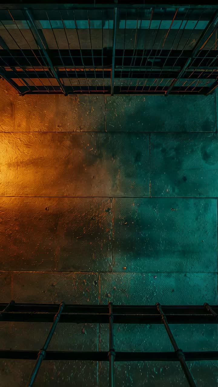 Vertikal video: Orange teal wash, lys bader samlingen på en betonplade, affald, rist i gyde