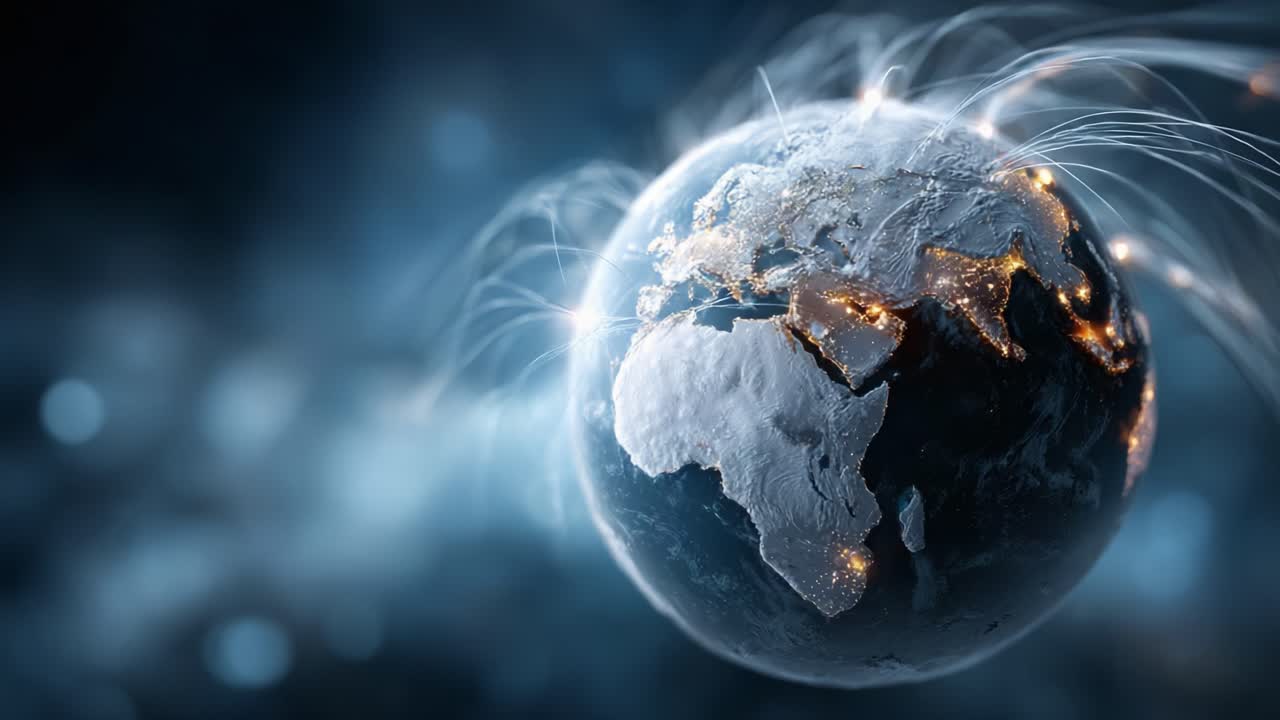 An Artistic Representation of the Earth Capturing Global Connectivity with Vibrant Lights and Dynamic Energy Flowing Across Continents and Oceans