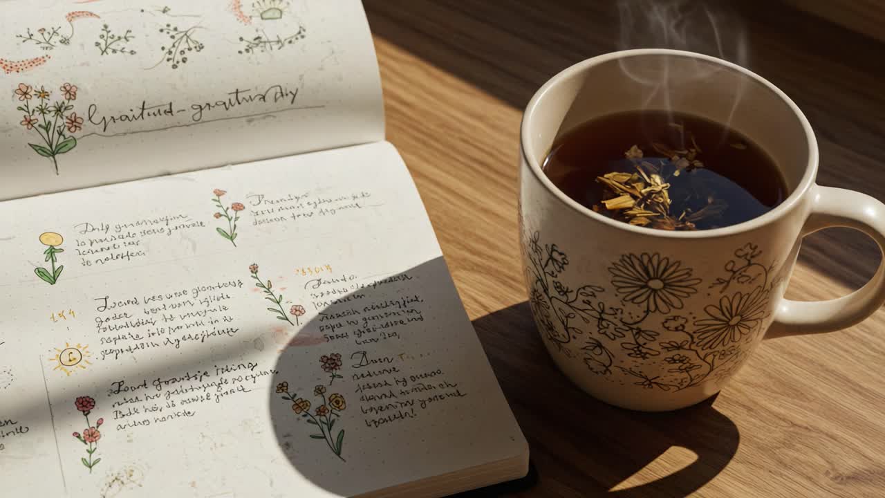 A Cozy Moment of Reflection with Tea and Nature-Inspired Journal Notes, Capturing Tranquility in the Gentle Afternoon Light