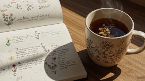 a cozy moment of reflection with tea and nature-inspired journal notes, capturing tranquility in the gentle afternoon light