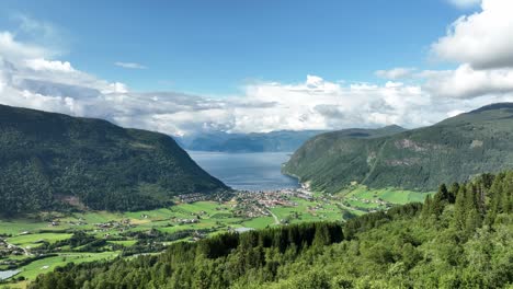 Aerial-revealing-stunning-panoramic-view-of-Vik-in-Sogn---Summertime-Norway-seen-from-Storesvingen-viewpoint