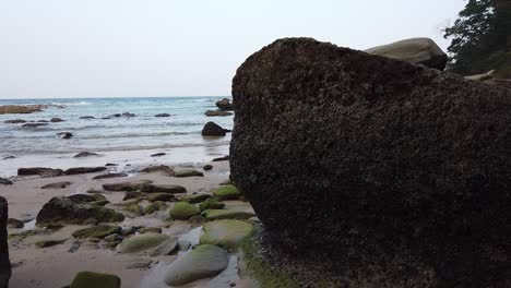 安達曼群島保護生態系統的偏遠地區的岩石海灘,有火山岩殘骸和金色沙子