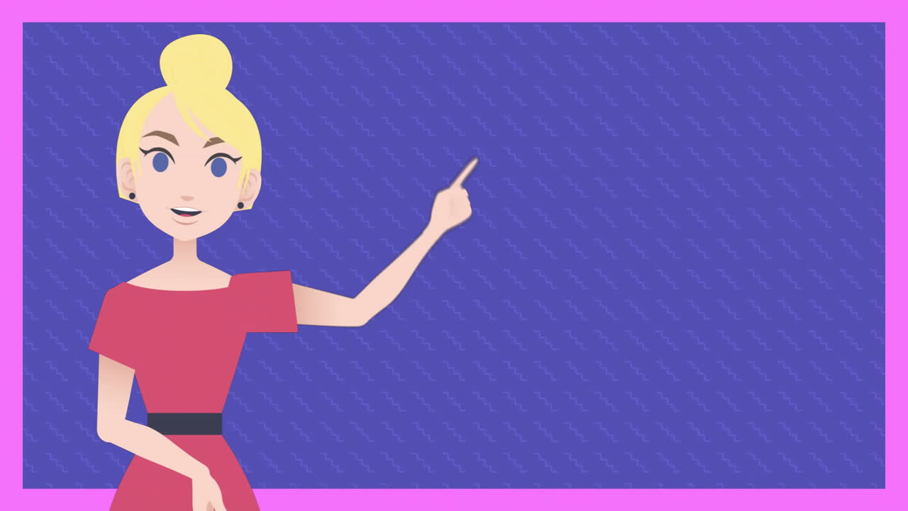 Pointing woman in red dress animation over blue background with pink border