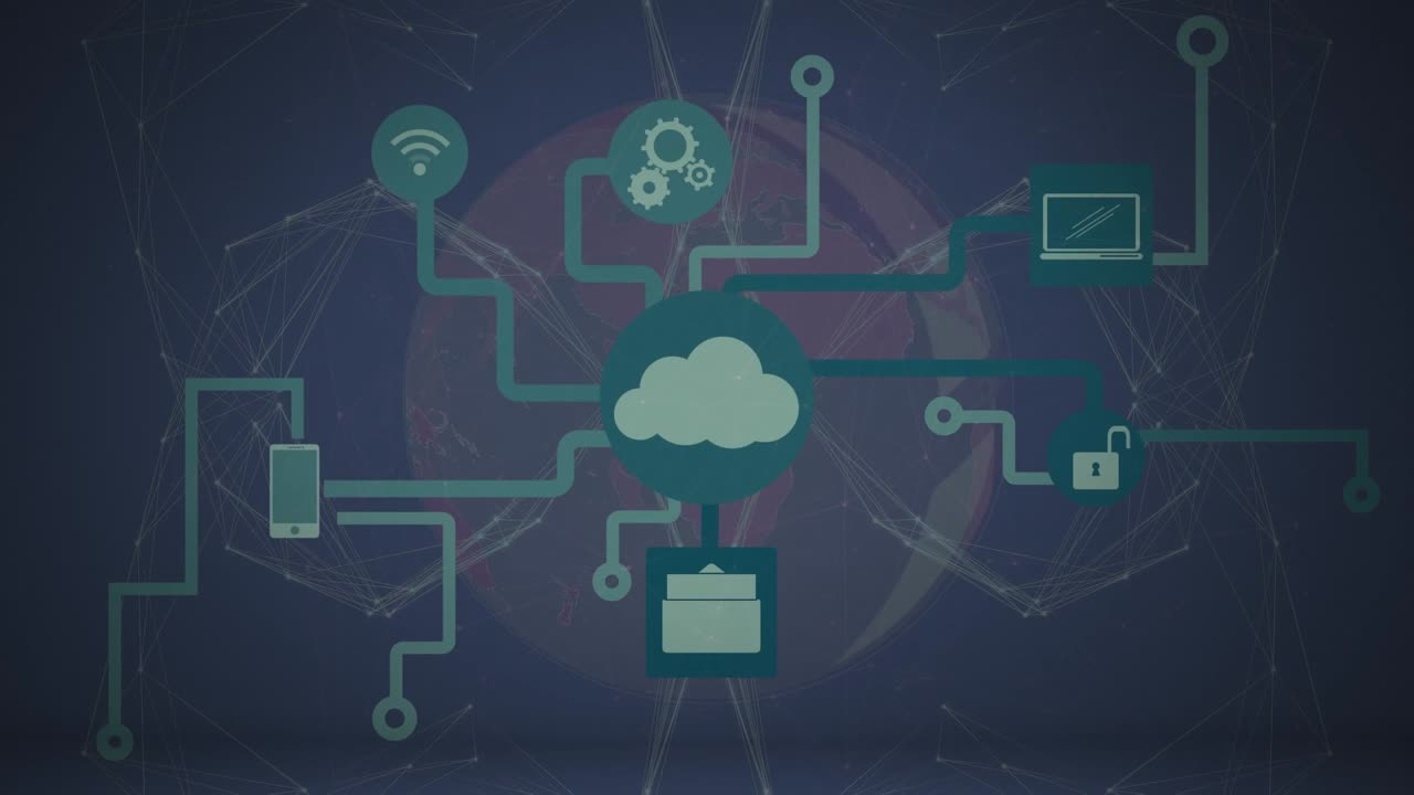 Animation of cloud computing icons with connecting dots sphere on digital interface