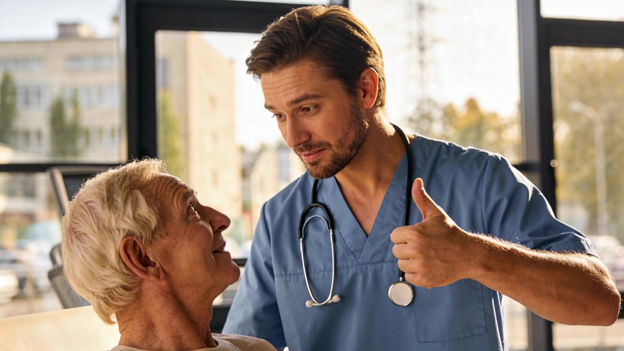 Medico in divisa medica che fa il pollice in su rassicurando un paziente sorridente in clinica con lo stetoscopio.