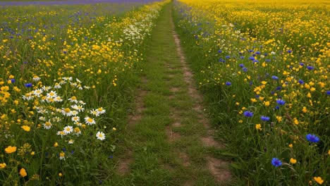 a serene pathway through a vibrant field of colorful wildflowers leading to the horizon, inviting exploration and tranquility amid nature's splendor