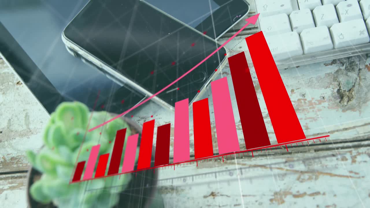 Animation of statistical data processing over digital tablet, smartphone and plant on wooden surface