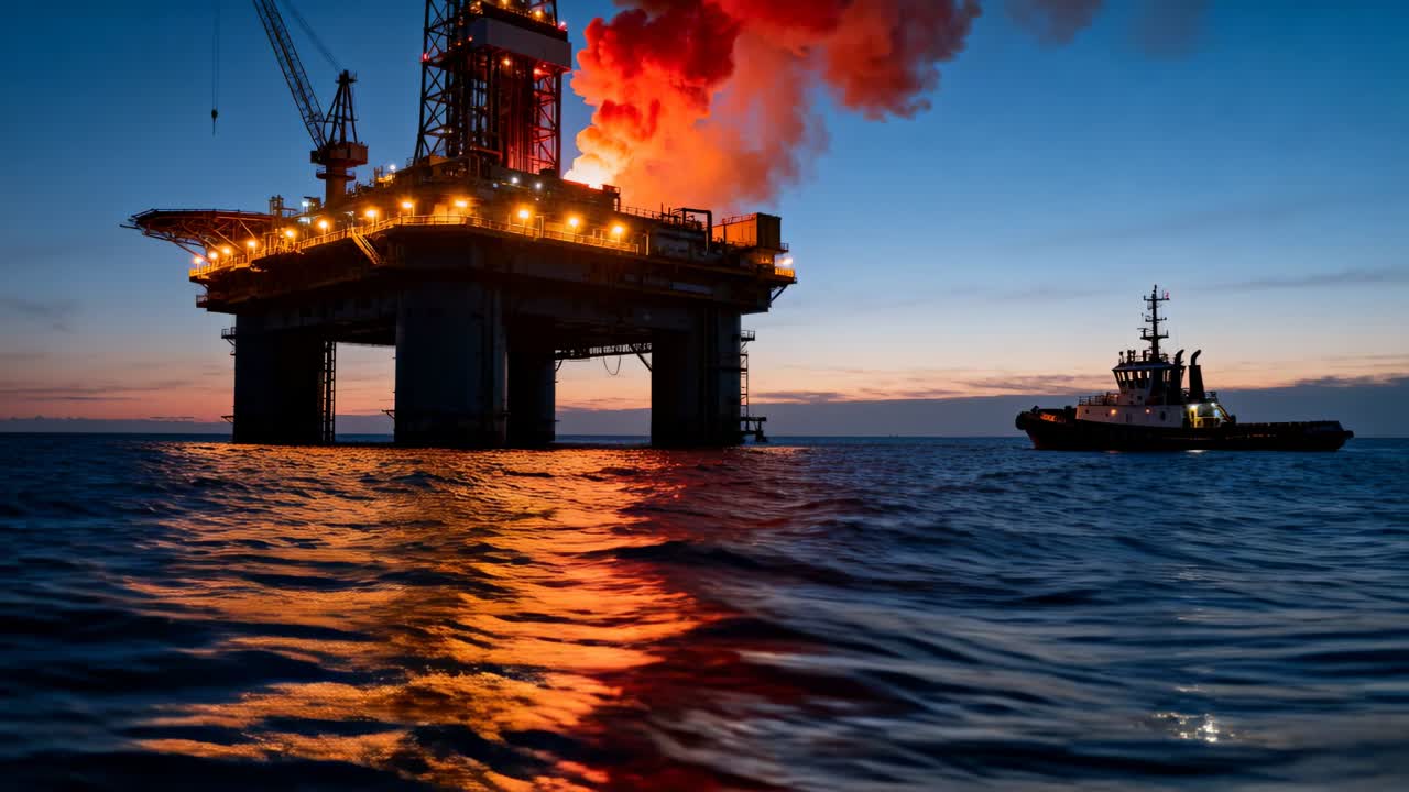 Piattaforma offshore in fiamma che emette fiamme e fumo verso l'alto al crepuscolo, con un rimorchiatore alla deriva nelle vicinanze.