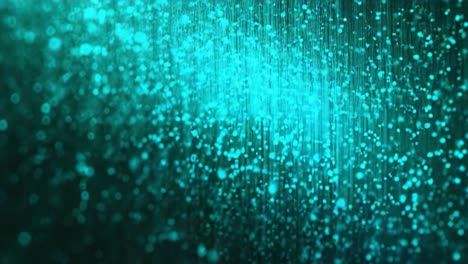 Abstract turquoise bokeh lights and digital binary code particles falling downward in a futuristic information technology stream, creating a glowing matrix style data processing effect