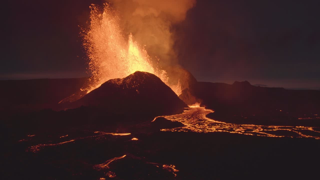 Vicino a una scenografica e potente eruzione incandescente del vulcano islandese nel 2021.