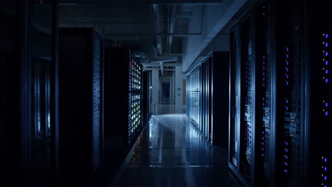 inside a modern data center with blinking server lights