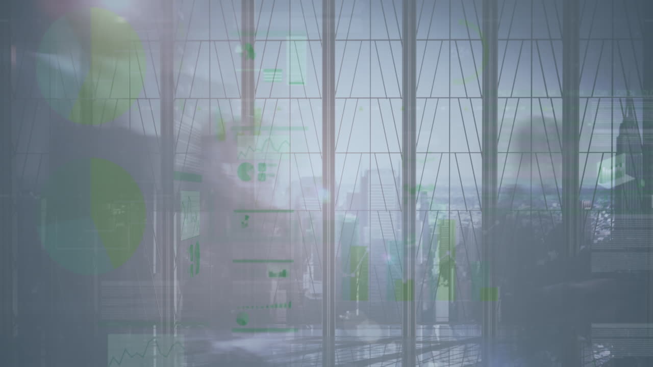 Animation of financial data processing over diverse business people walking in modern office