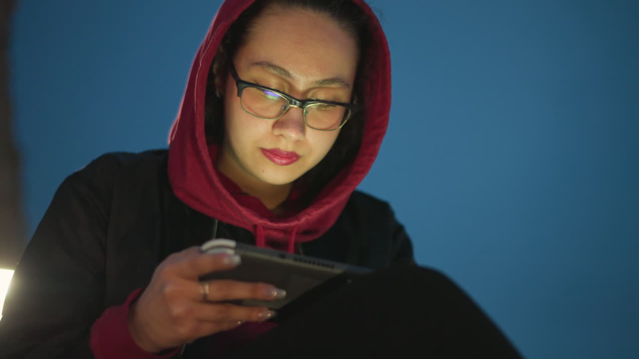 Asiatisk kvinde fordybet i læsning i parken, nærbillede af kvinde, der studerer med refleksion på tablet i parken, kvinde med briller dybt fokuseret på at læse sin tablet under lampelys i parken