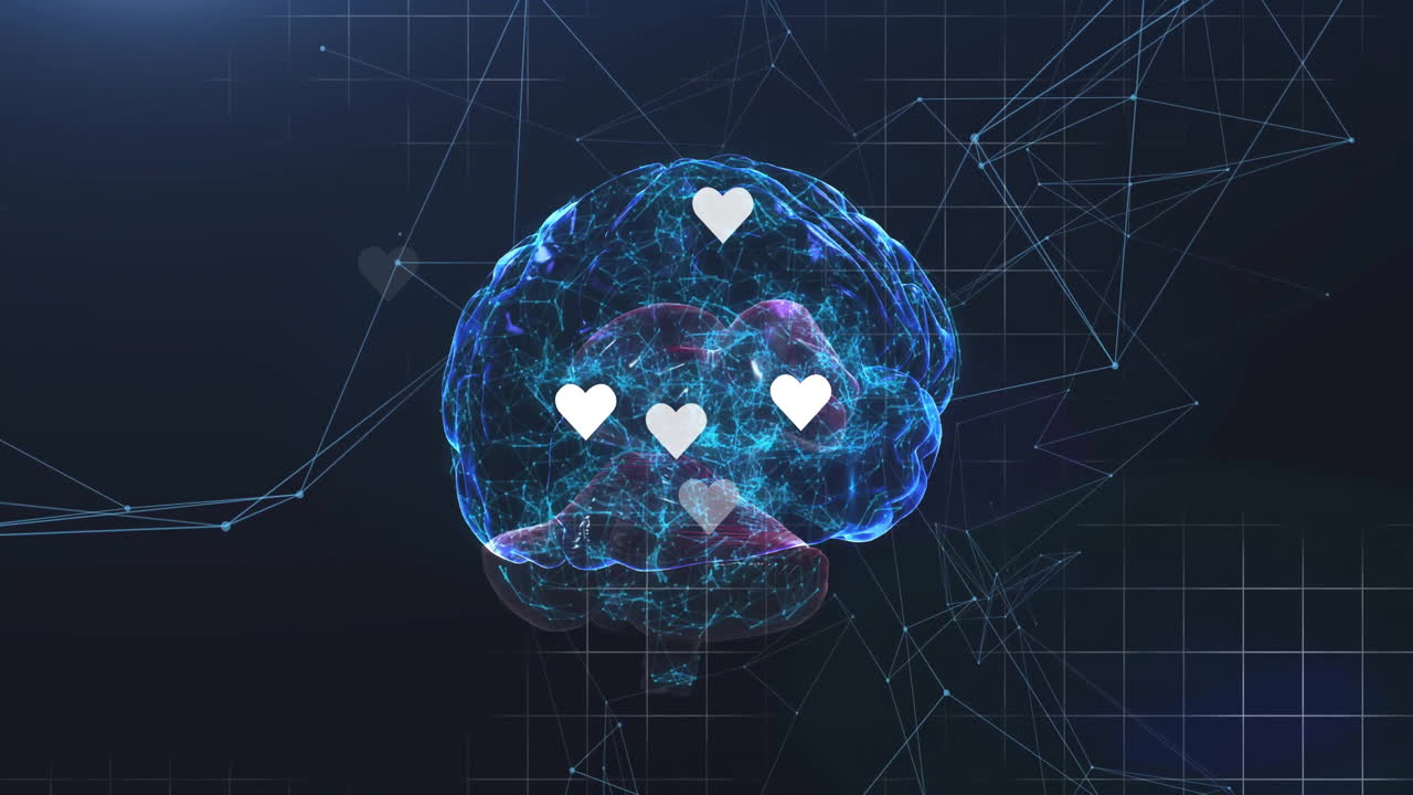 Glowing blue 3D brain hologram floating at center, showing heart icons and linking network lines