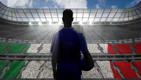 animation of rear view of football player holding ball over mexican flag in sports stadium