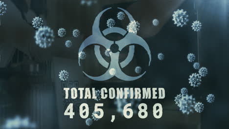 Animation-of-biohazard-symbol-with-total-confirmed-number-and-virus-cells