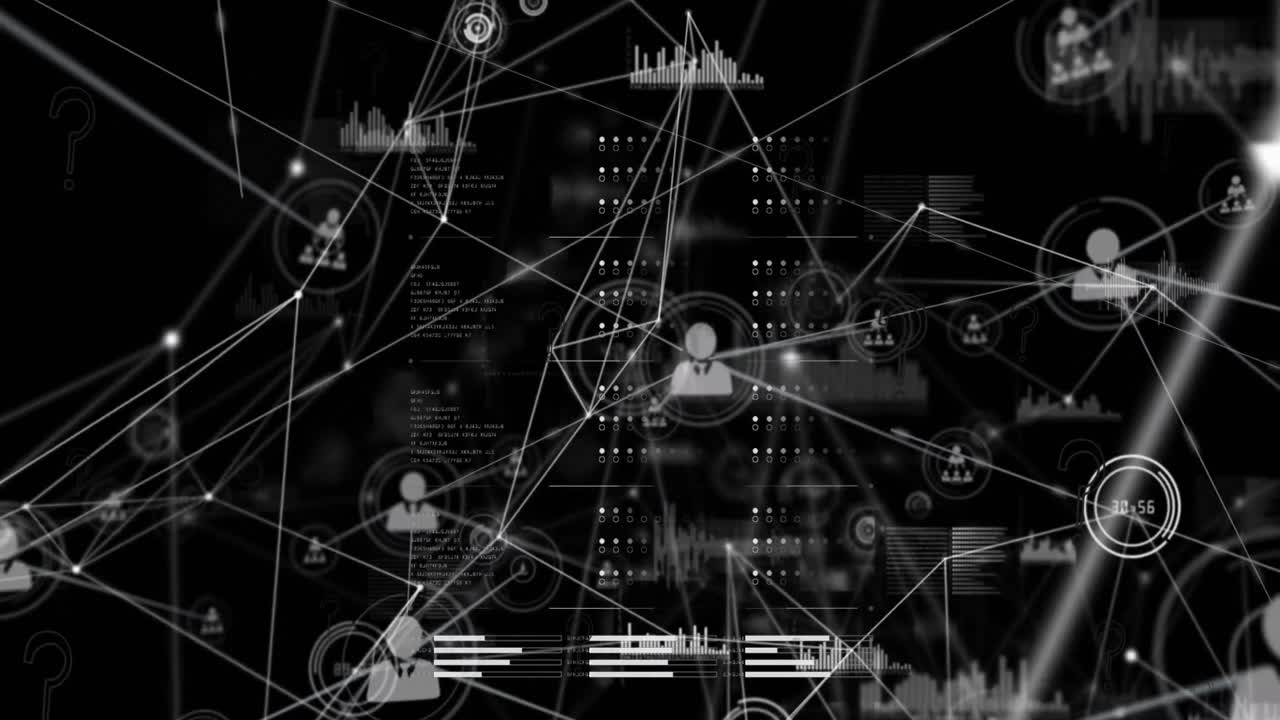 Animation of question mark icons over network of connections and data processing on black background
