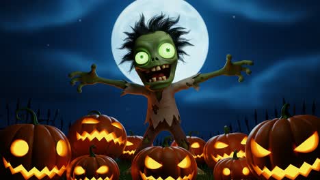 a spooky zombie celebrating halloween among glowing pumpkins under a full moon in a dark, eerie landscape full of festive spirits