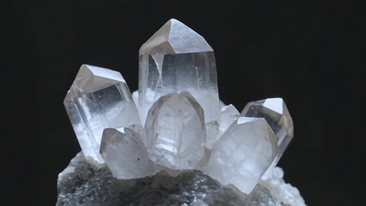 Caméra panoramique montrant un amas de quartz sur matrice, fond noir et lumière latérale révélant les facettes.
