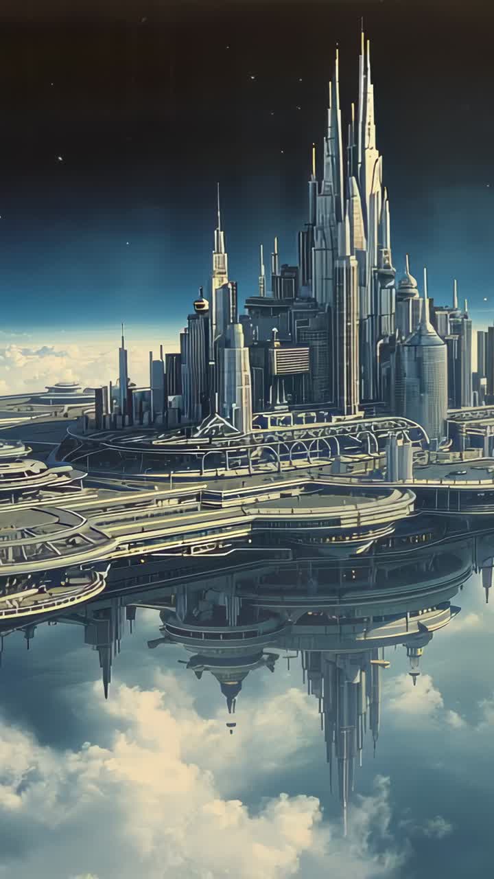 Vertical video: Tracking camera starting slow upward zoom over sky city, revealing spires, mirror