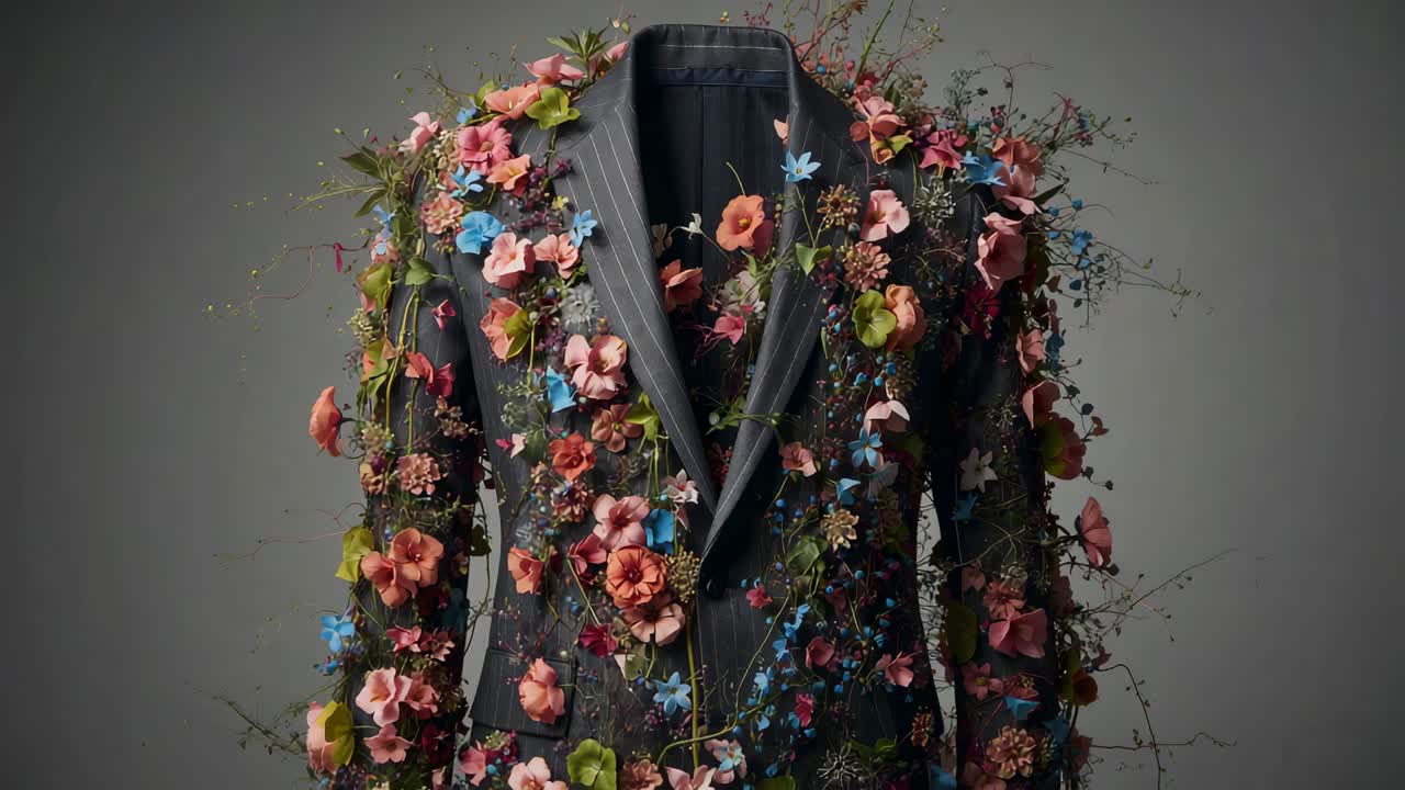 Inquadratura più stretta, forma che indossa un blazer gessato scuro con decorazioni floreali, che mostra il risvolto in studio