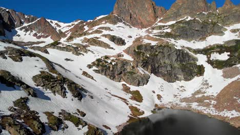 toma aérea del lago, inclinándose hacia arriba para revelar montañas espectaculares