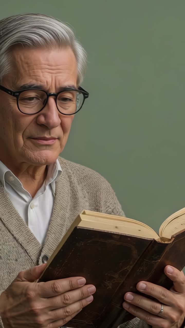 Vertical video: Opening aged book guiding eyeglass-wearing reader reading pages against green wall