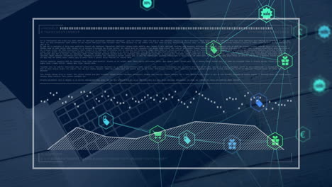 Animation-Eines-Verbindungsnetzwerks-Mit-Symbolen-über-Datenverarbeitung-Und-Laptop