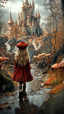 little girl in red dress walks toward a magical castle in autumn