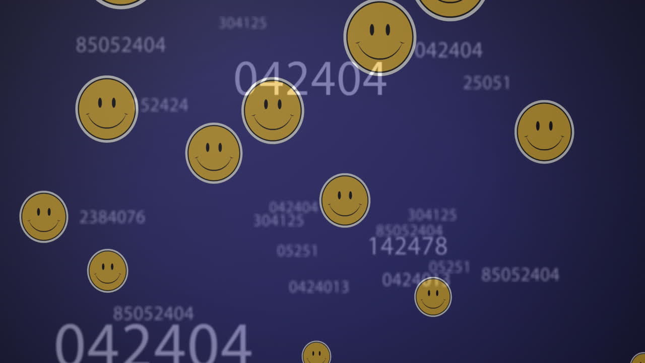 파란색 배경 에 변화 하는 숫자 와 미소 짓는 이모티콘 의 애니메이션