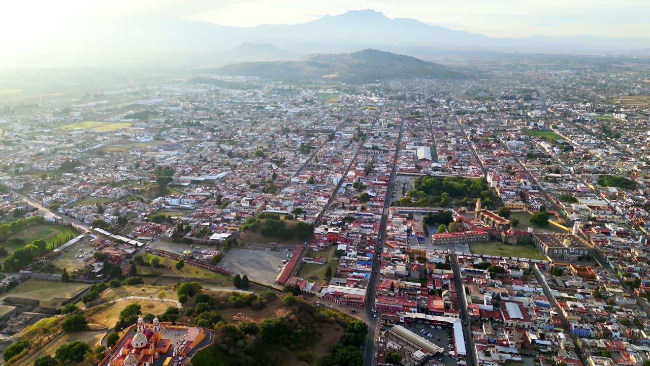 Aerial drone view of the Great Pyramid and Church of Our Lady of Remedies in Cholula, Mexico