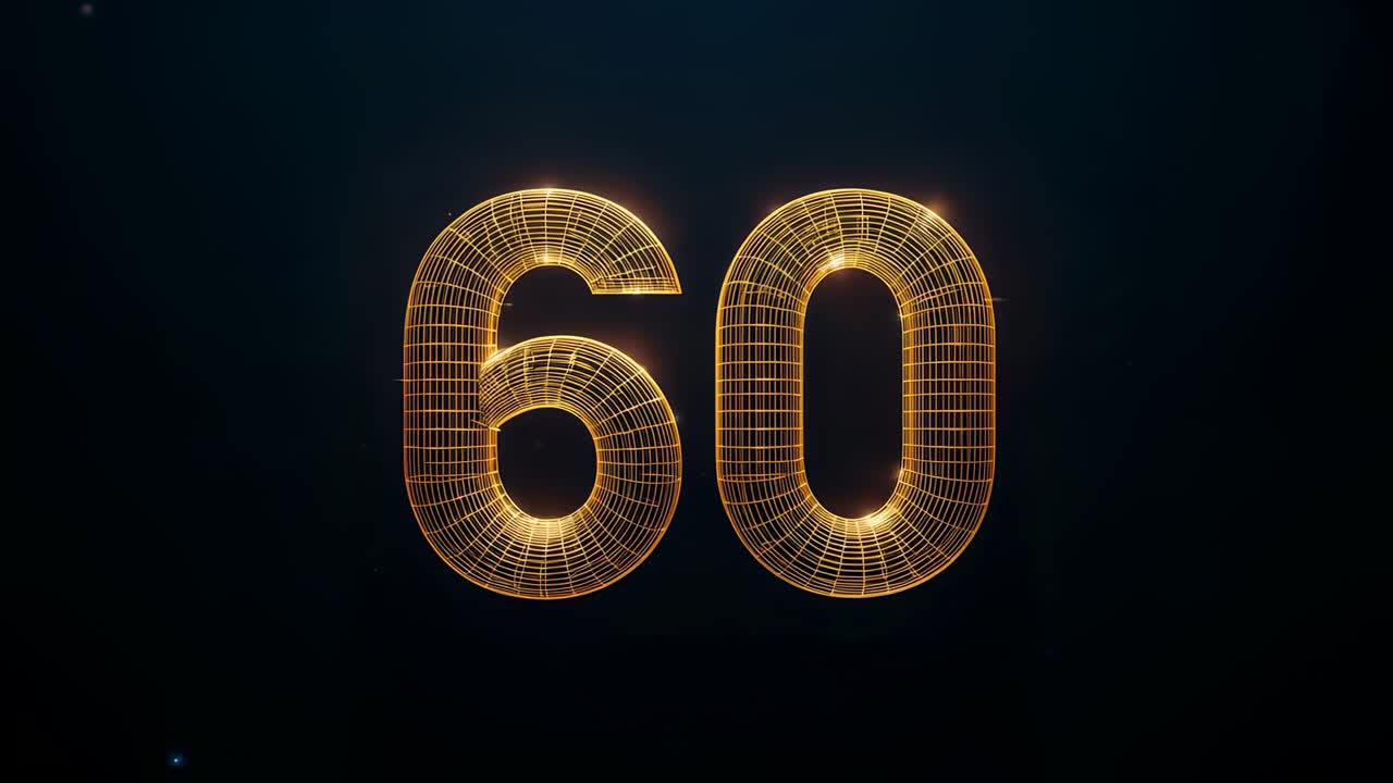 Animating gold wireframe 60, radial tracing lighting grid and flare, building rim glow on dark set