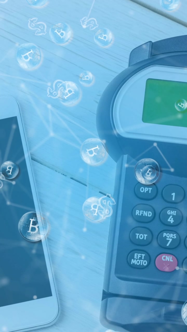 Animation of bitcoins over smartphone and payment terminal
