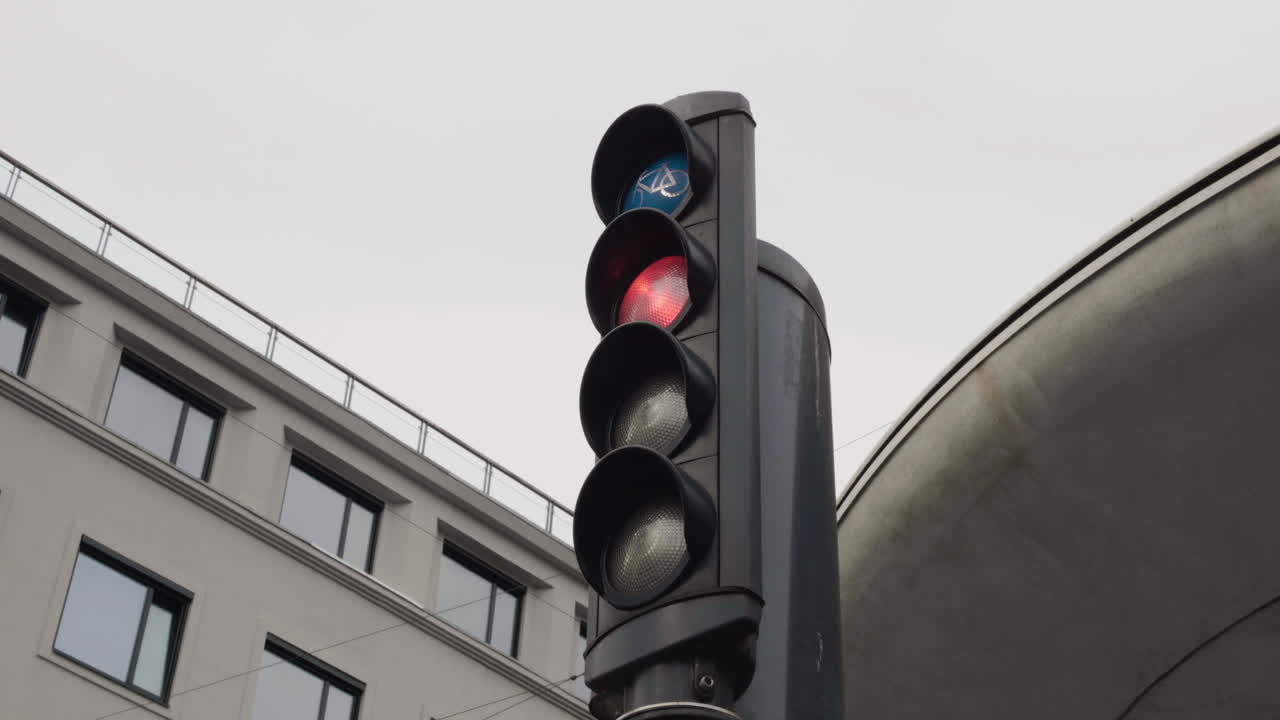 Stoplight - Traffic Light At The Road Intersection Of Copenhagen Showing STOP Signal. - low angle