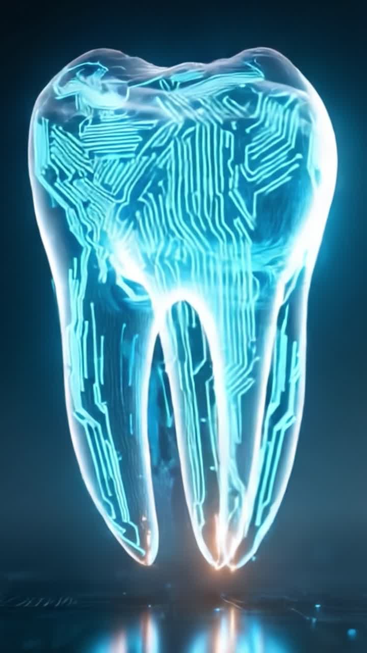 Futuristic Digital Tooth: A Stunning Visualization of Advanced Dental Technology and Health Innovation Showcasing a Luminescent Tooth Structure in a Cybernetic Style